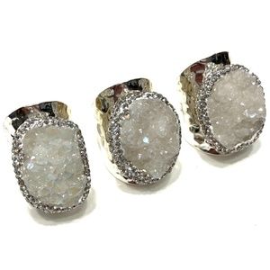Ring, white druzy crystal quartz gemstone